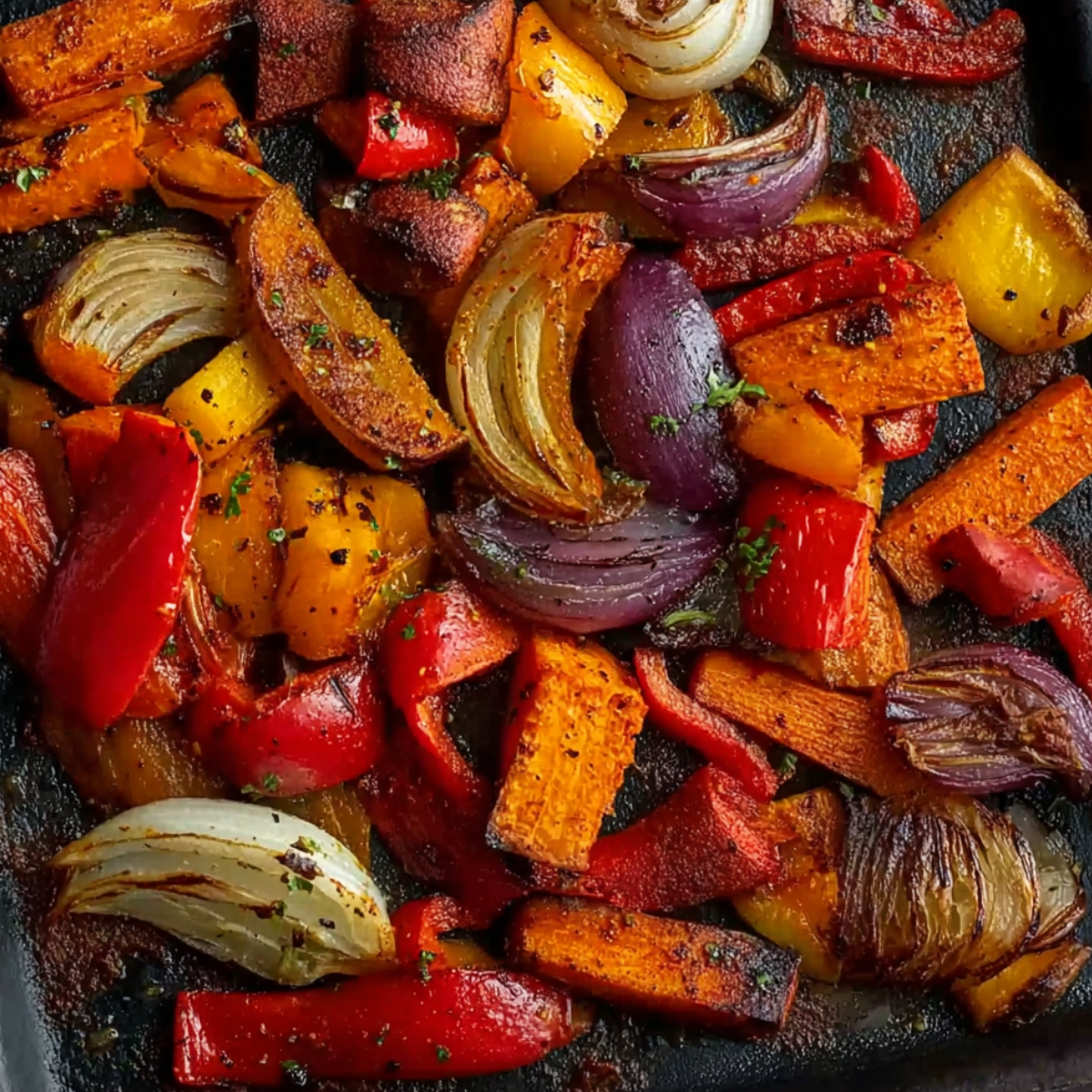 A vibrant tray of roasted vegetables, featuring red bell peppers, carrots, and onions, all caramelized to perfection. The vegetables are seasoned with herbs and garlic, resulting in a flavorful and slightly charred exterior. This colorful side dish is perfect for pairing with roasted meats or as a stand-alone vegetarian option.