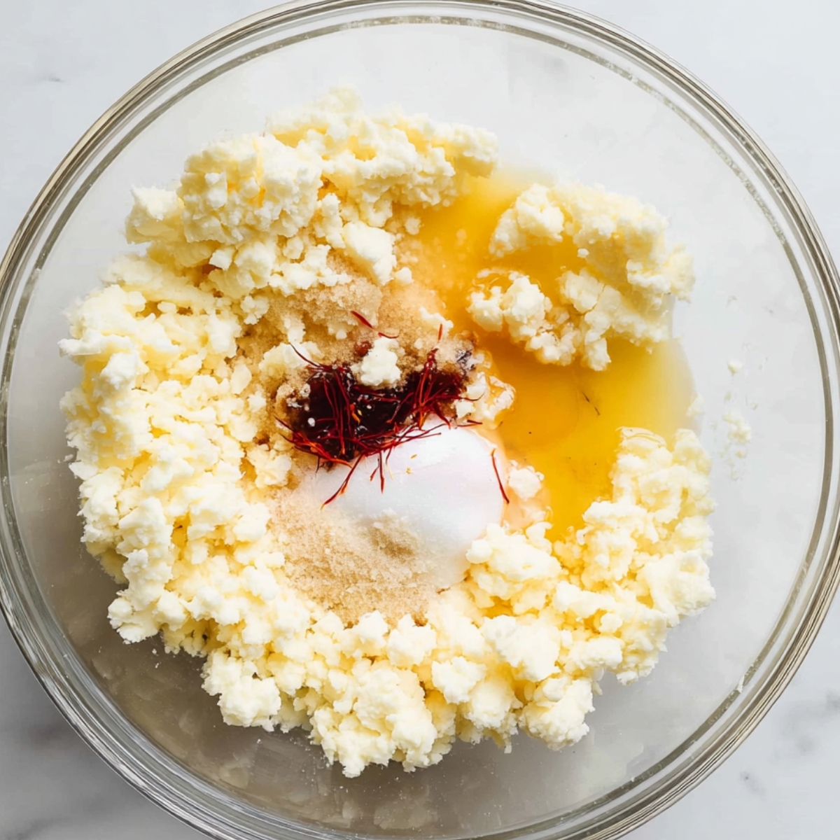 Top-down view of a glass bowl with creamed butter, sugar, egg, vanilla, and saffron before mixing.