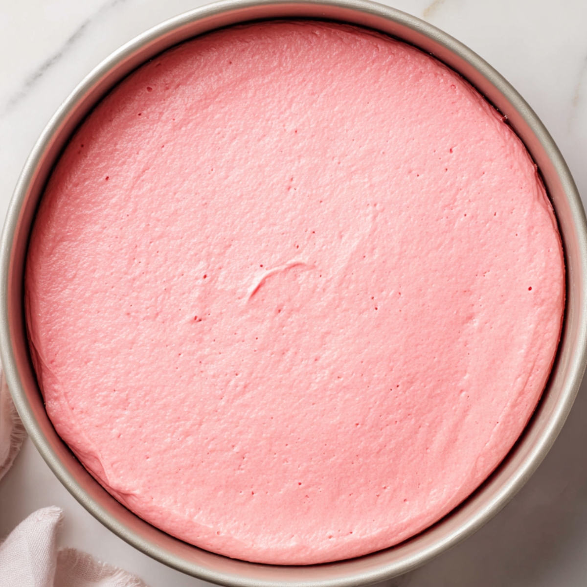 Top-down view of evenly smoothed pink cake batter in a round metal cake pan.