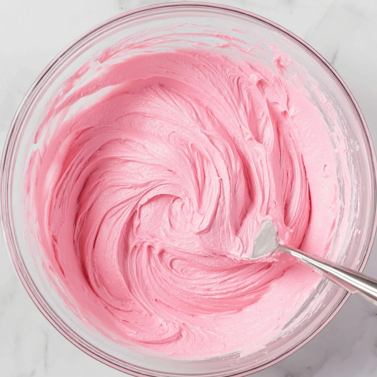 Top-down view of smooth pink buttercream frosting swirled in a glass mixing bowl with a spatula.