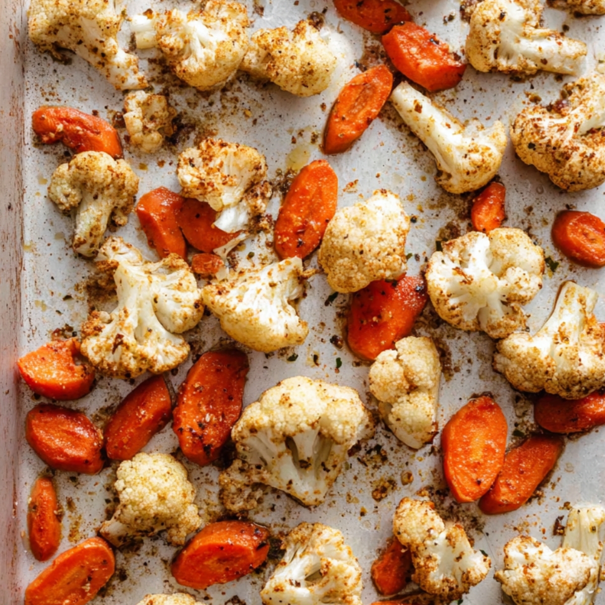 Oven-roasted cauliflower florets and carrots spread on a baking sheet, seasoned and lightly charred for meal prep.