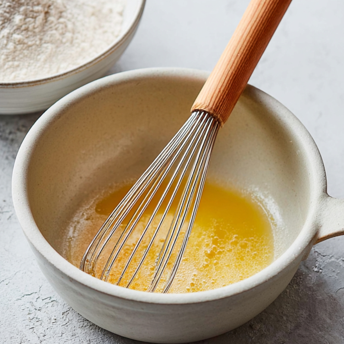 Capture a cozy kitchen moment with a white bowl filled with powdered ingredients sitting in the background, while a saucepan in the foreground holds melted butter with a whisk resting inside. The saucepan, with its soft, light gray color and wooden whisk handle, complements the rustic simplicity of the setup. The countertop is clean and textured, with a slight sheen on the melted butter, inviting you to stir the ingredients together for a recipe to come