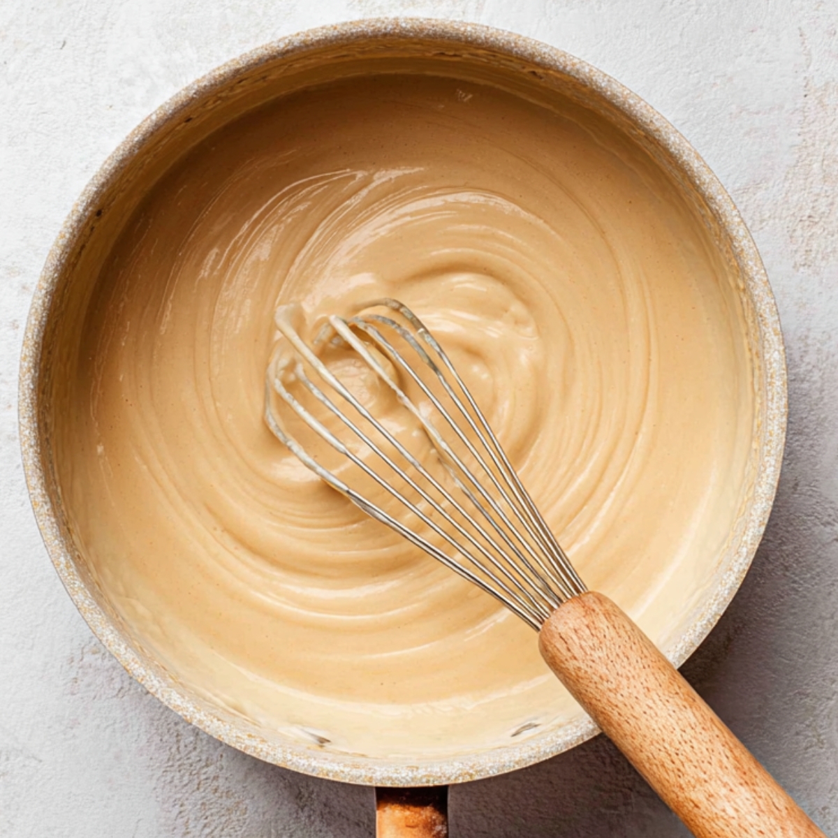 Capture a close-up of a saucepan with a smooth, thick mixture swirling inside. The consistency is creamy and beige, almost custard-like, with a wooden whisk gently resting on the edge, ready to stir. The light gray, textured background adds a soft contrast to the rich texture of the mixture. The scene conveys a sense of calm as you prepare a comforting recipe