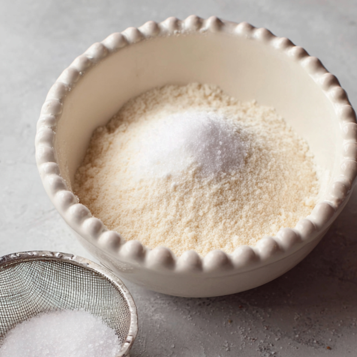Capture a close-up shot of a creamy mixture inside a saucepan, swirled to perfection with a wooden whisk resting on the edge. The mixture has a smooth, custard-like texture, and the soft lighting accentuates its richness. The scene is calm and minimalistic, with a light gray background that complements the simplicity of the cooking process