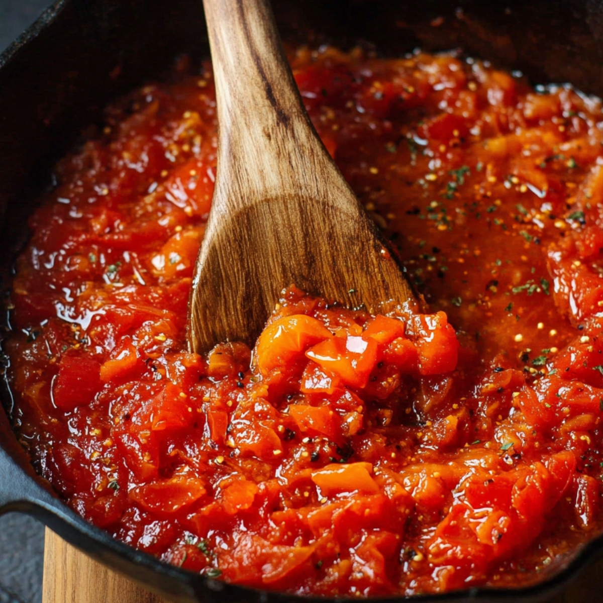 A close-up of a rich, simmering tomato sauce with chopped tomatoes and spices, being stirred in a cast-iron skillet with a wooden spoon. The sauce has a deep red color, and a few herbs are sprinkled on top, adding texture and flavor