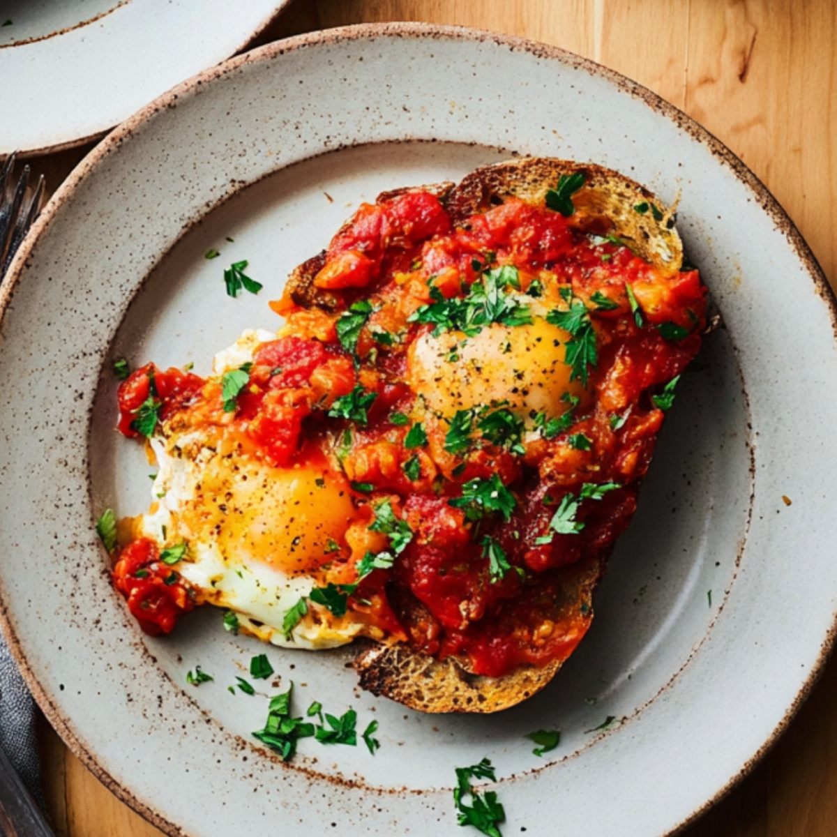 Two plates with toasted bread topped with shakshuka, featuring poached eggs and a flavorful tomato sauce. The dish is garnished with chopped parsley, served alongside cutlery on a wooden table, adding a rustic touch to the presentation.