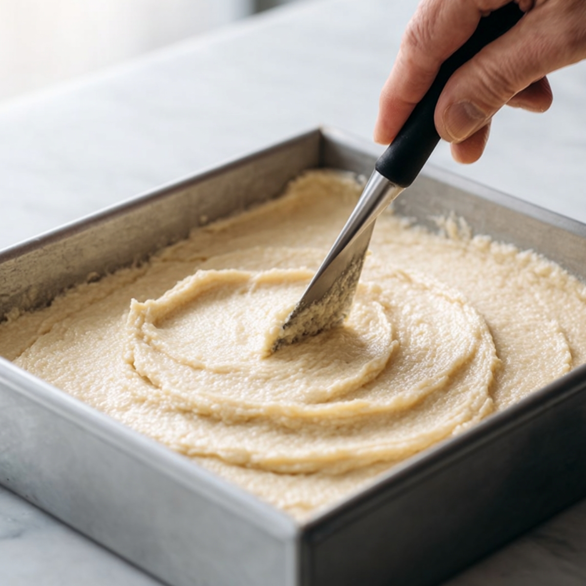 Donut bar batter being smoothed in a square metal baking pan with an offset spatula on a marble countertop.