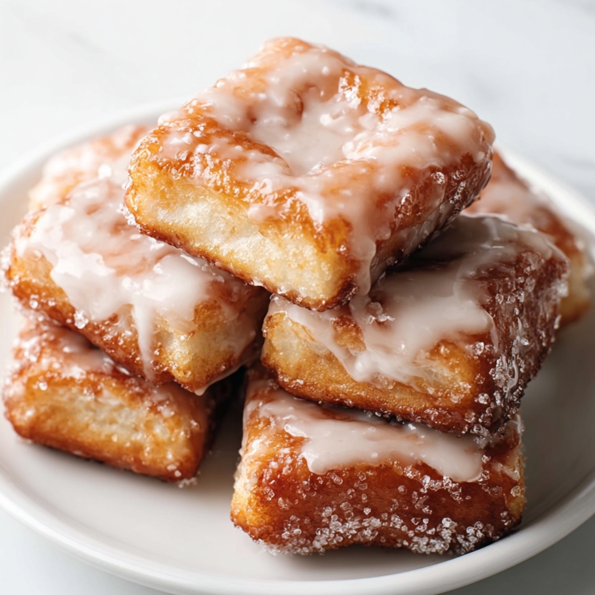 Overhead view of glazed donut bars stacked on a white plate, golden brown with shiny vanilla glaze and sugar crystals.