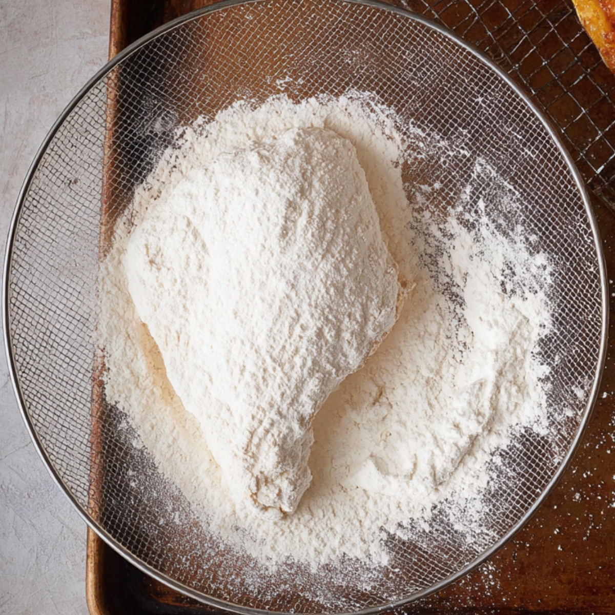 This image shows a large bowl of flour, possibly being prepared for coating. There's a hand working nearby with a towel, suggesting it's part of a cooking process, possibly for preparing fried chicken or another dish that involves flouring ingredients before cooking.