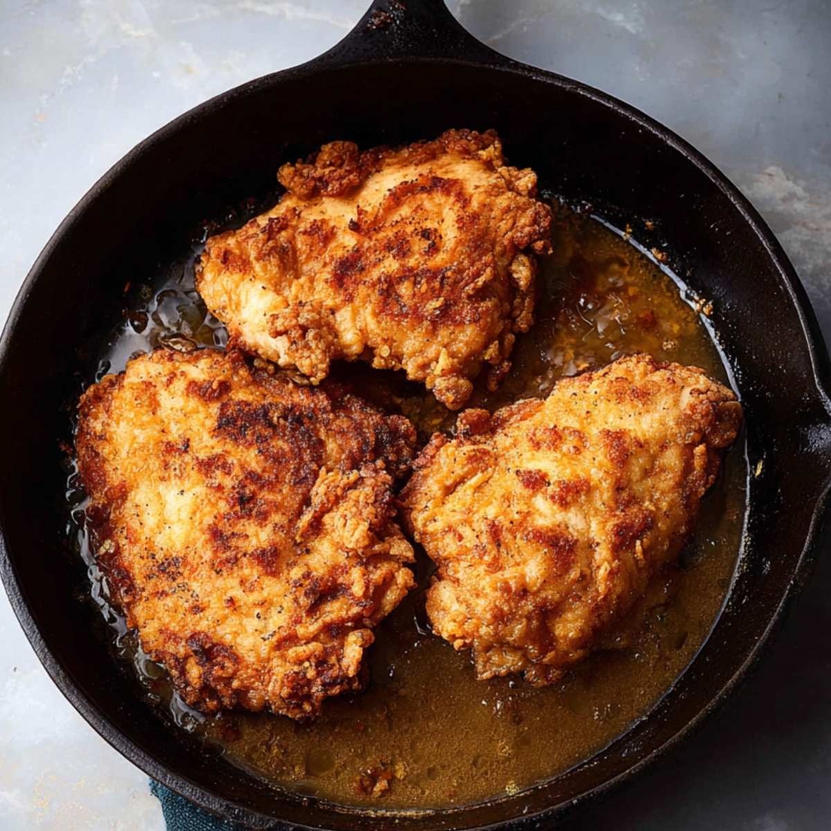 In this image, you can see a cast iron skillet with three crispy pieces of fried chicken. The texture appears golden and crunchy, likely showcasing a successful fried chicken recipe.