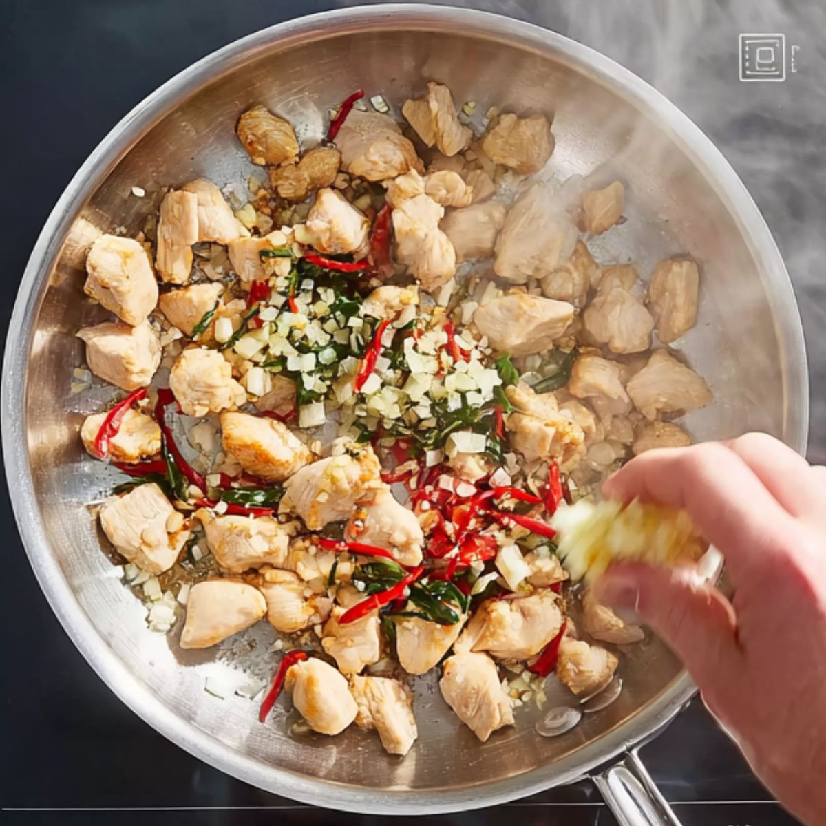 Garlic, sliced chilies, and herbs being added to sautéed chicken in a pan on an induction cooktop.