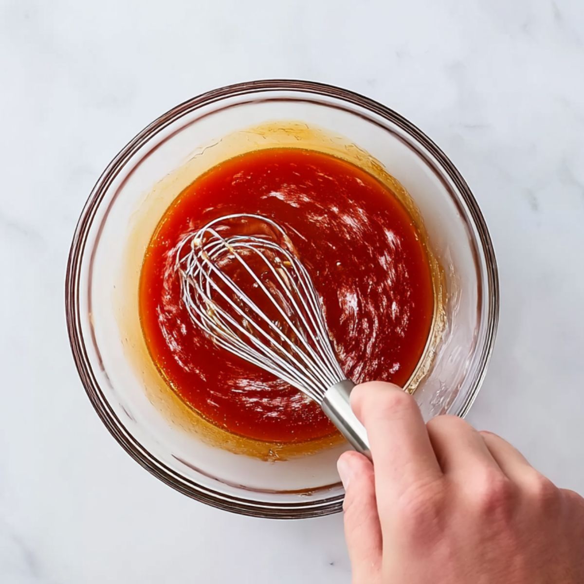 Spicy Thai sauce being whisked in a clear glass bowl on a white marble surface.
