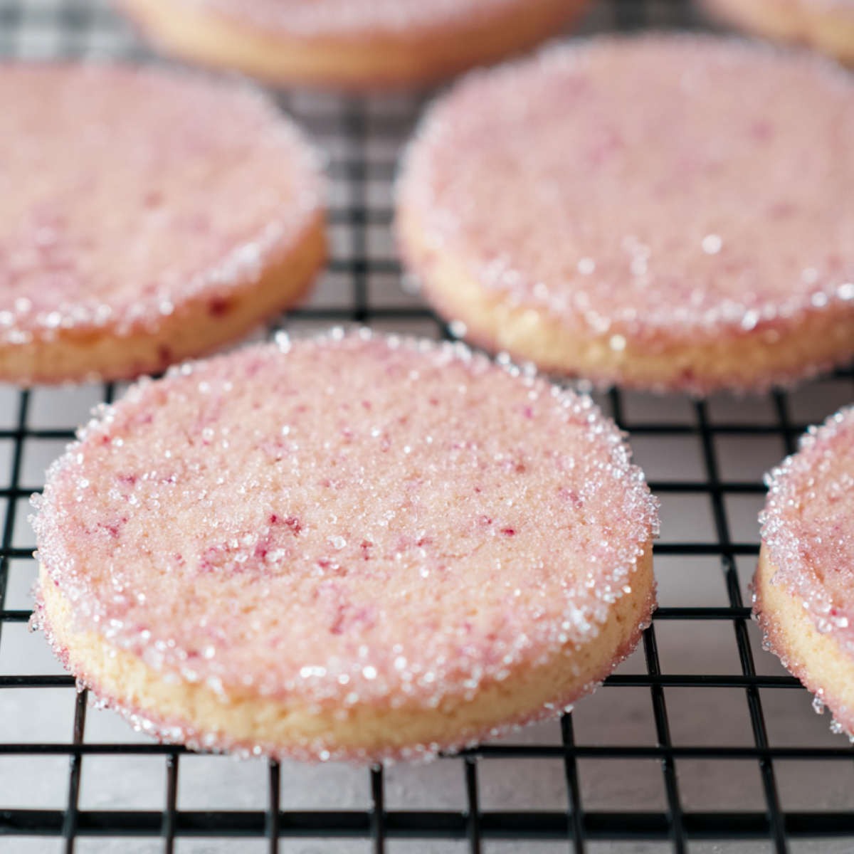 Freshly baked strawberry shortbread cookies cooling on a black wire rack, lightly golden on the edges and topped with sparkling sugar.