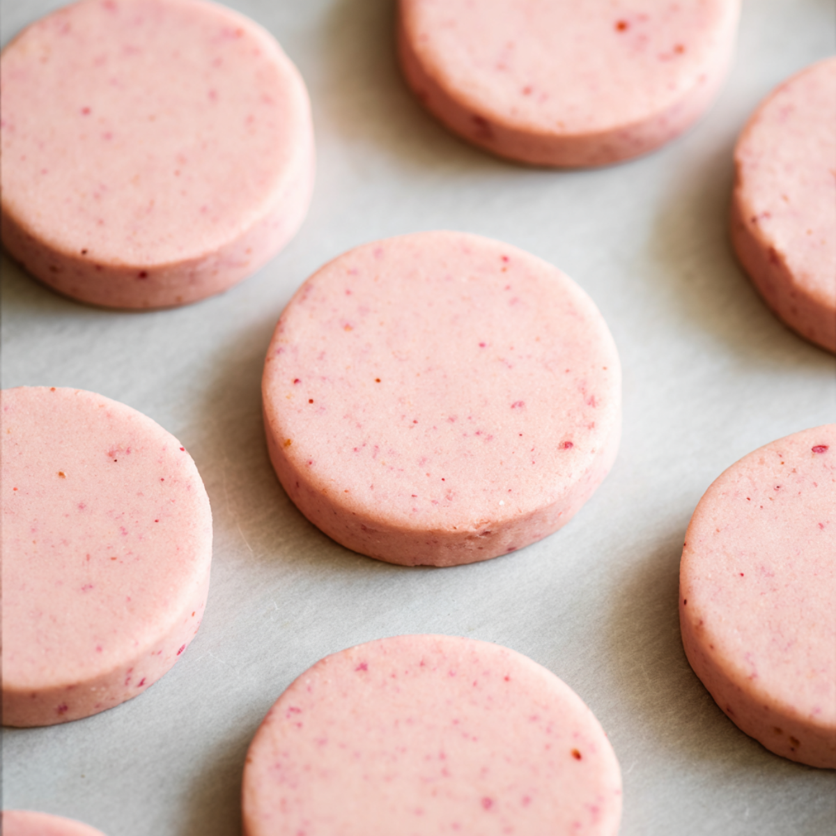 Unbaked strawberry shortbread cookie dough rounds arranged on parchment paper, pale pink with small strawberry speckles.