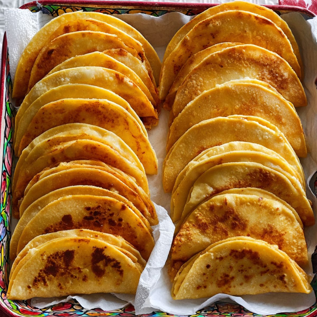 Freshly fried potato tacos arranged in rows on a colorful tray lined with paper towels, showing golden, crispy corn tortillas.