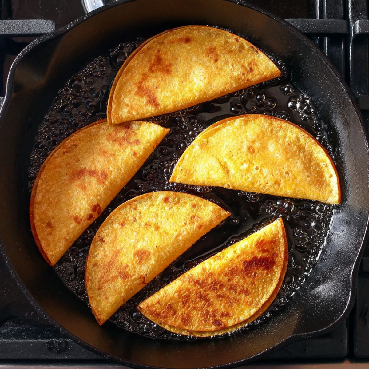 Potato tacos frying in bubbling oil in a black cast iron skillet on a stovetop, with golden brown folded corn tortillas.