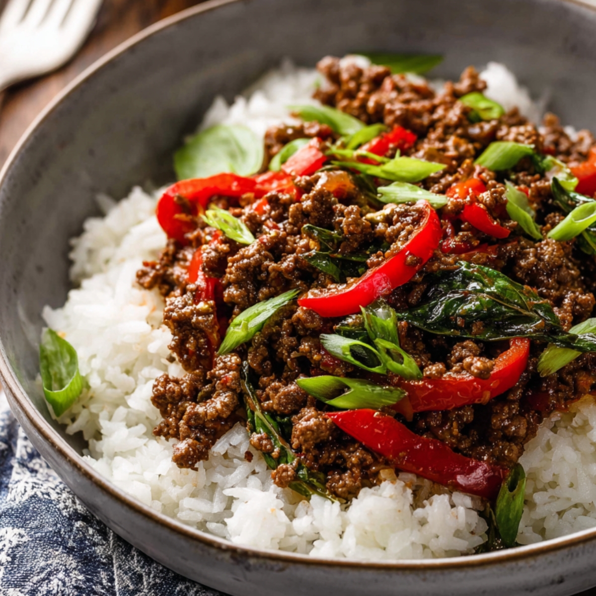 Thai Basil Beef – Ground beef, vibrant red bell peppers, and fragrant Thai basil, all simmered in a rich blend of savory sauces and served over a bed of steamed rice. Topped with fresh green onions, this easy-to-make stir-fry is packed with bold flavors and perfect for a quick weeknight dinner.