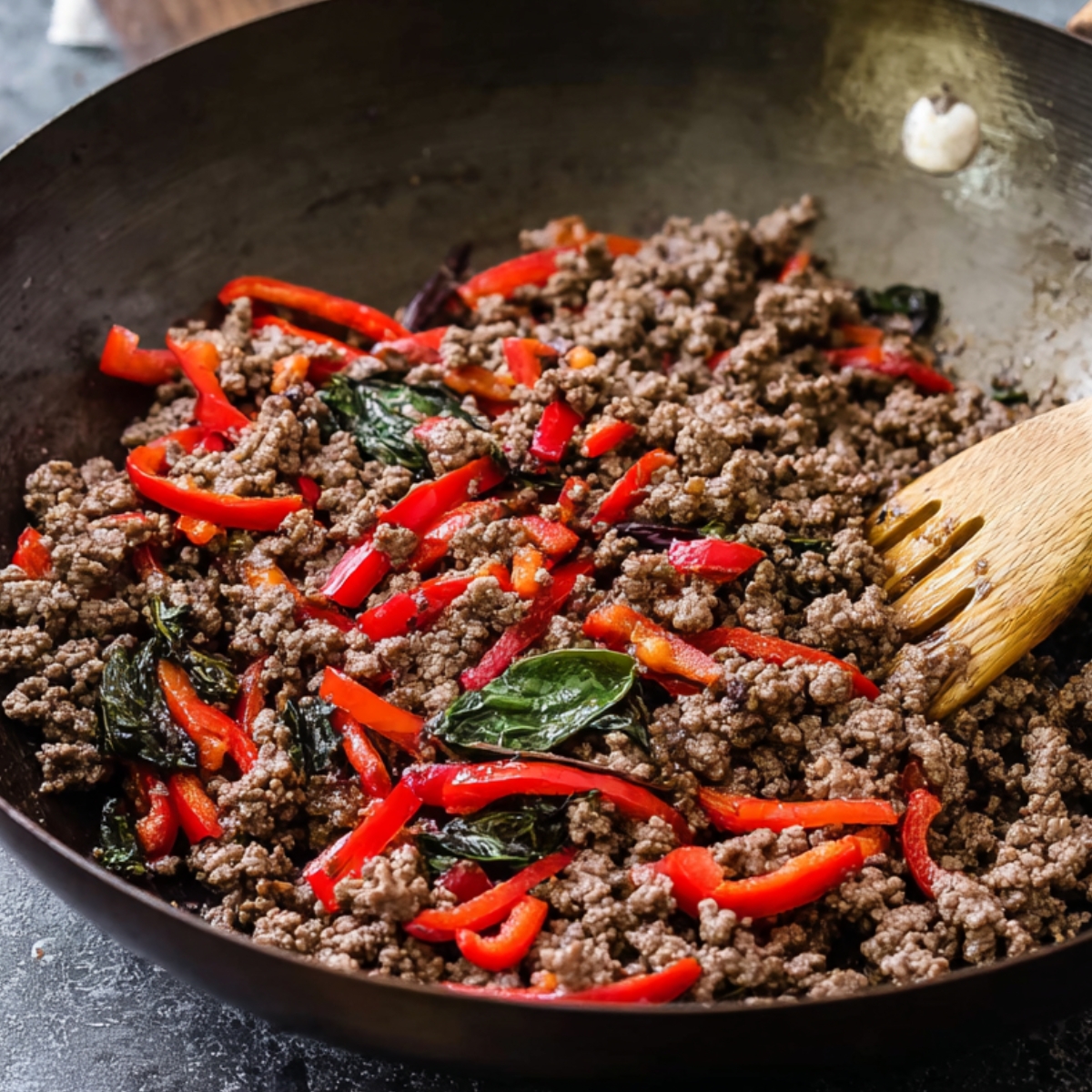 Cook the Beef and Vegetables: In a large wok, cook ground beef with sliced red bell peppers and fresh Thai basil leaves, stirring frequently, until the beef is browned and vegetables are softened.