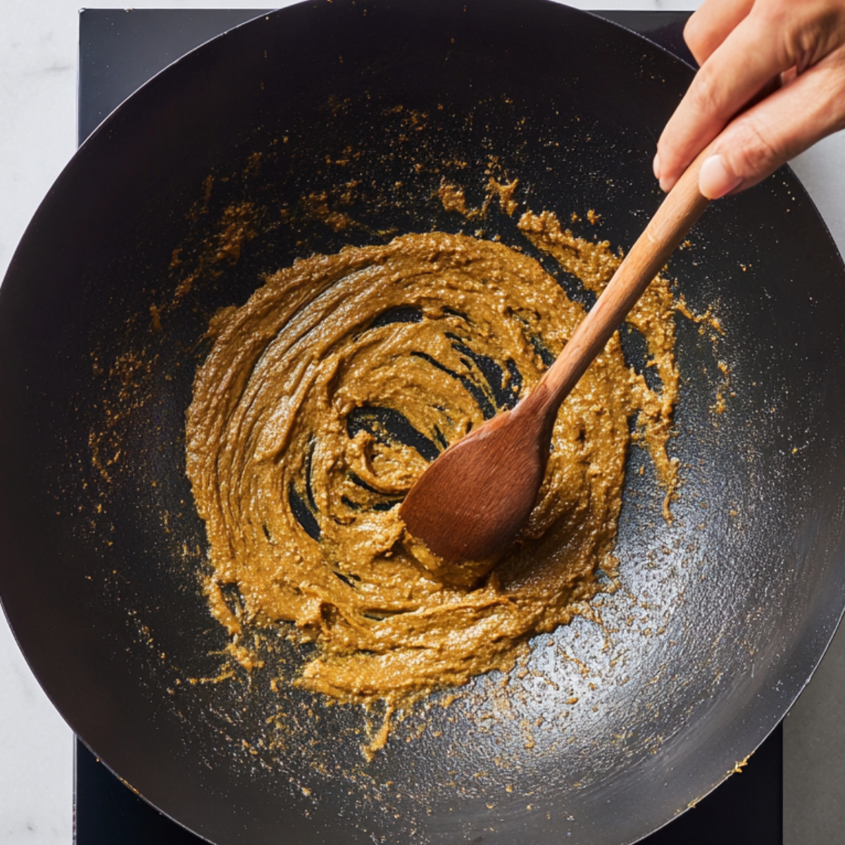 Thai green curry paste being sautéed in a black wok with a wooden spatula, shown from above as the paste cooks and thickens.