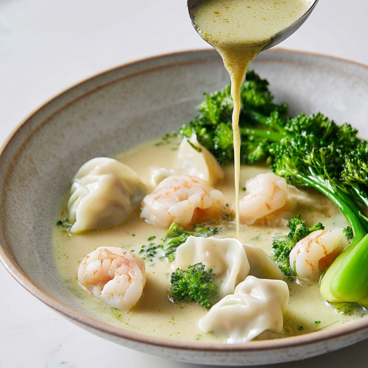 Creamy Thai green curry broth being poured over shrimp dumplings and broccolini in a shallow bowl, capturing the soup mid-pour.