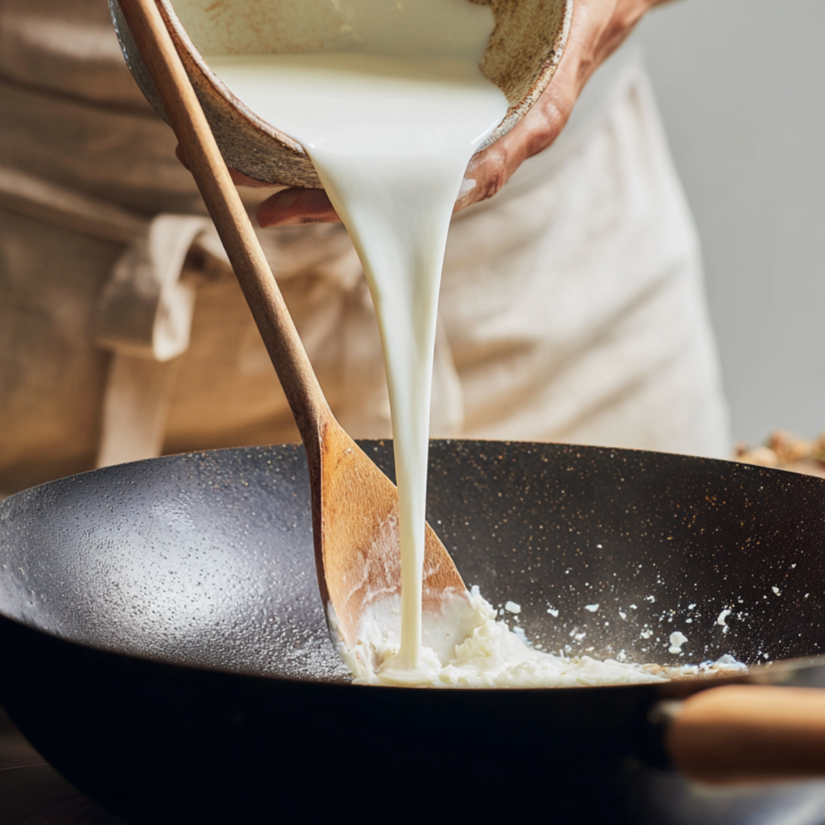 Creamy coconut milk being poured from a ceramic bowl into a black wok while a wooden spoon stirs the sauce, with a cook wearing a light apron softly blurred in the background.