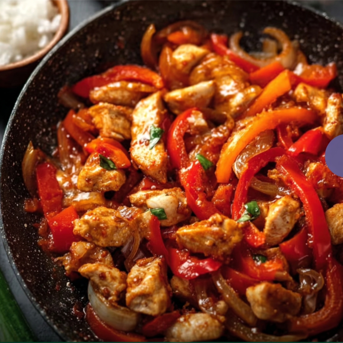 Sautéing tender pieces of chicken with red bell peppers and onions in a savory sauce, this stir-fried blend prepares the flavorful base for a delicious Thai red curry. The bright vegetables and chicken bring vibrant colors to the dish.