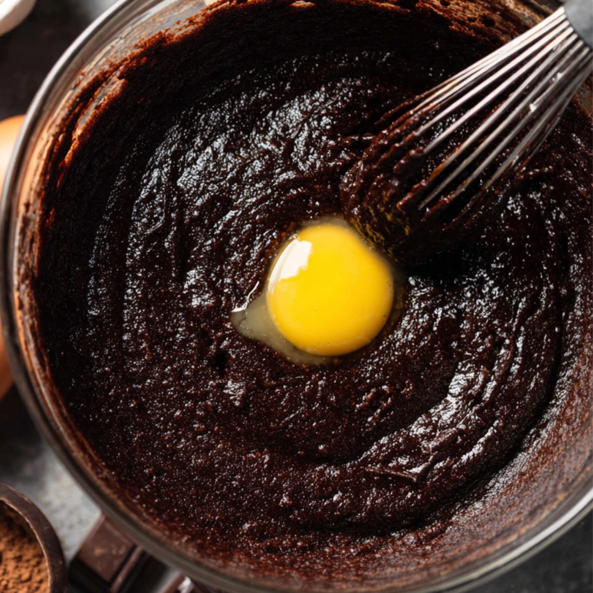 A glass bowl of brownie batter with a cracked egg in the center, ready to be mixed.