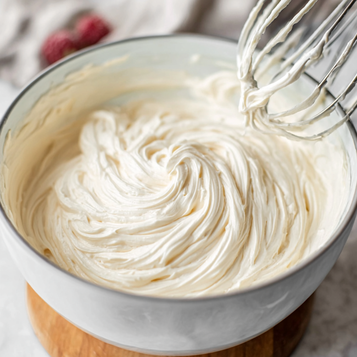 A bowl of smooth, whipped cream cheese mixture, with swirls showing its fluffy texture.