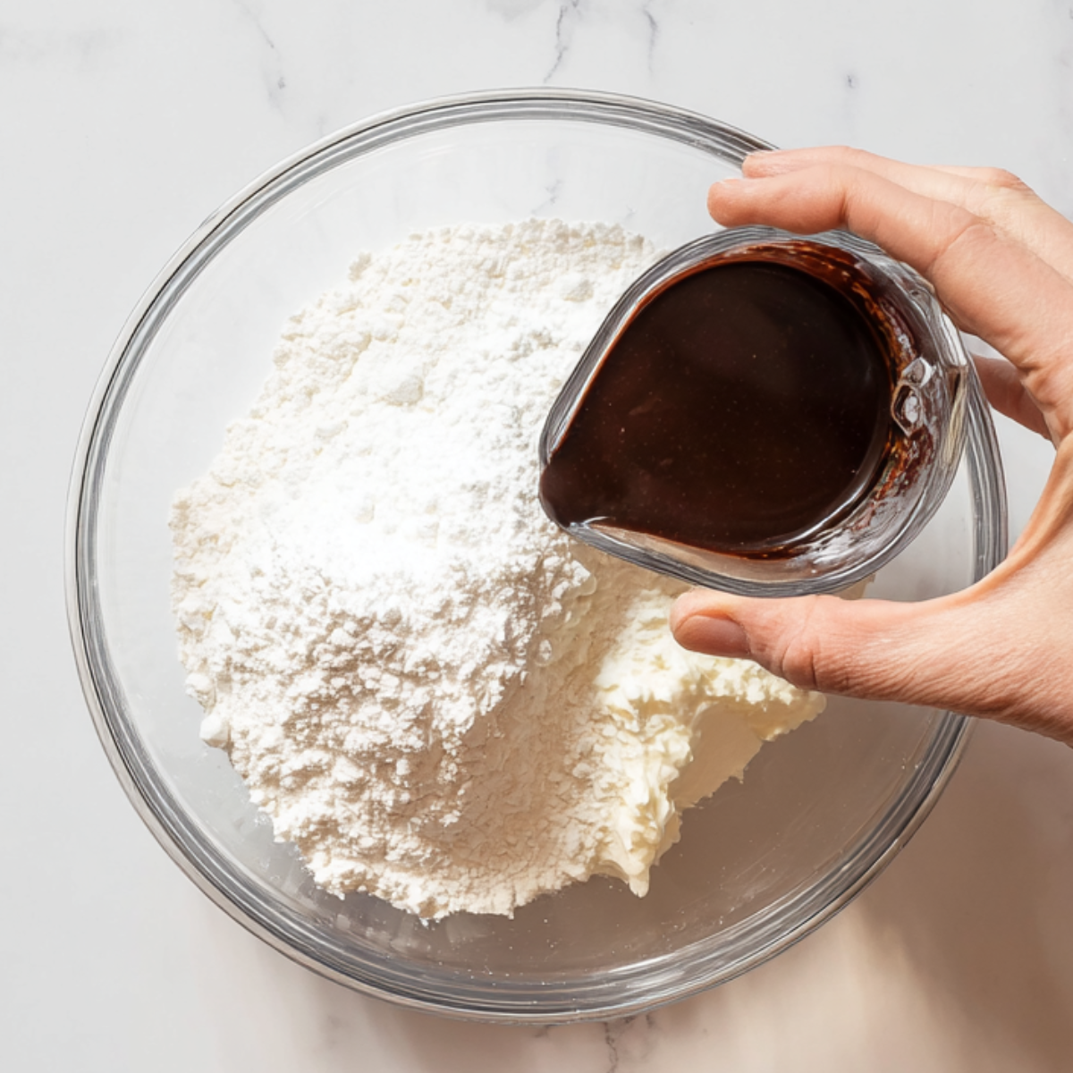 Hand pouring dark chocolate mixture into a glass bowl filled with cream cheese and powdered sugar on a marble countertop.