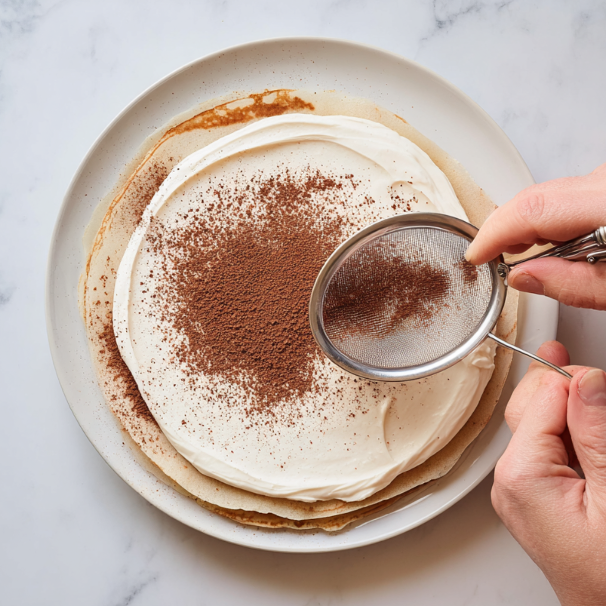 Hands sifting cocoa powder through a fine mesh sieve onto a crepe cake layered with cream on a white plate.