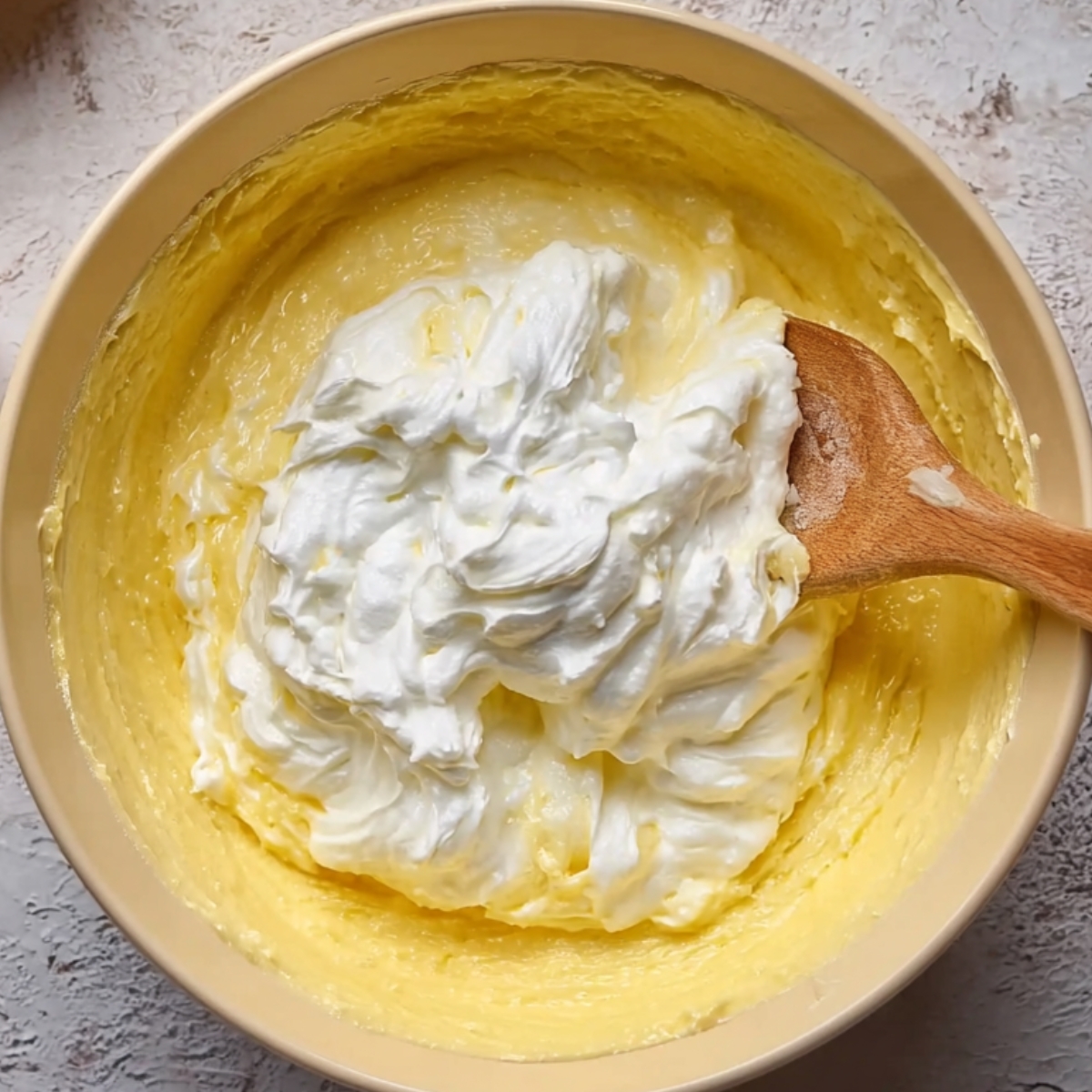 A close-up shot of a wooden spoon mixing whipped cream into a yellow batter in a large mixing bowl. The ingredients are being carefully folded together, with eggs and salt visible in the background. The surface has a neutral, textured appearance, evoking a cozy baking scene