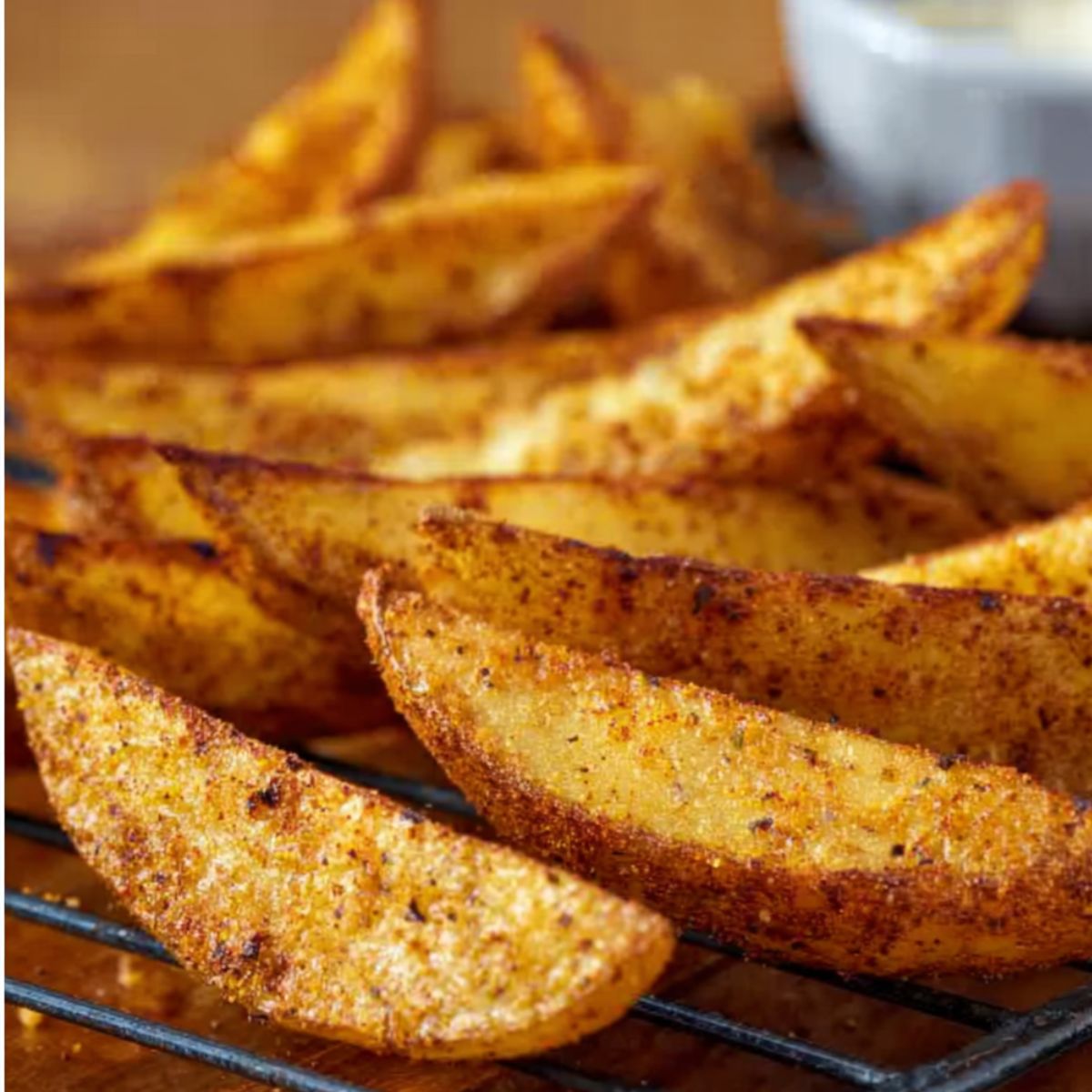 Crispy, golden potato wedges fresh from the oven, lightly dusted with spices and arranged neatly on a baking tray, showcasing their perfect texture and crispiness.