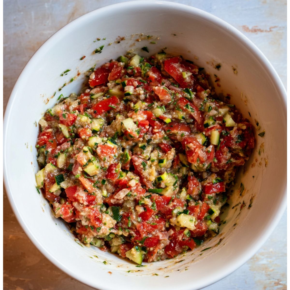 A bowl filled with a flavorful mixture of chopped tomatoes, zucchini, and fresh herbs, ready to be formed into fritters. The vibrant colors and textures highlight the fresh ingredients that will soon be transformed into crispy fritters.