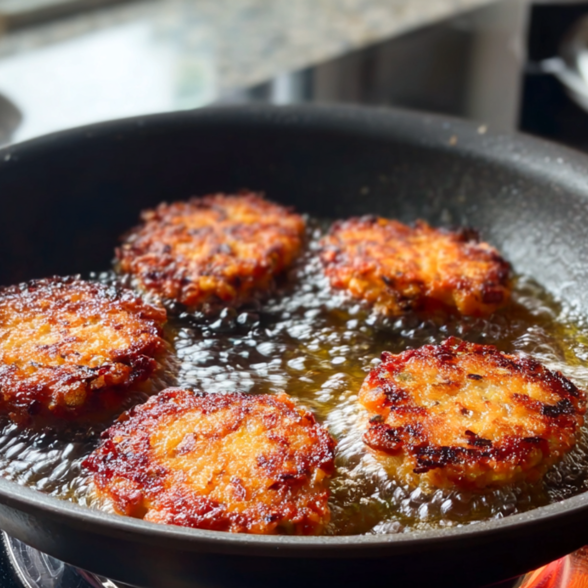 Tomato fritters cooking in a hot skillet, sizzling as they turn golden brown. The oil in the pan adds a crispy texture to the fritters, making them an irresistible treat fresh off the stove.