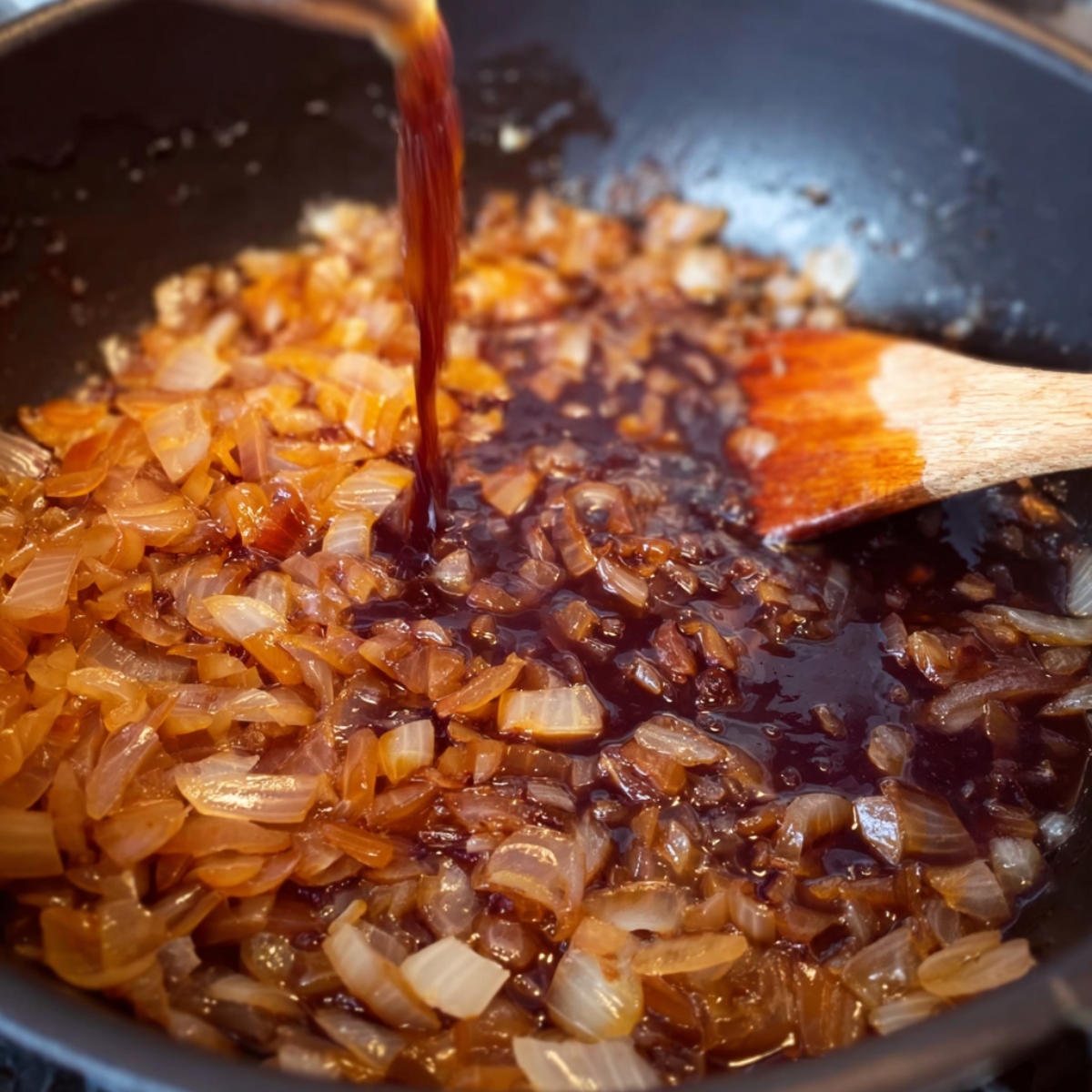 A shot of liquid being poured over the caramelized onions, infusing them with additional flavors to create a savory base for the stew.