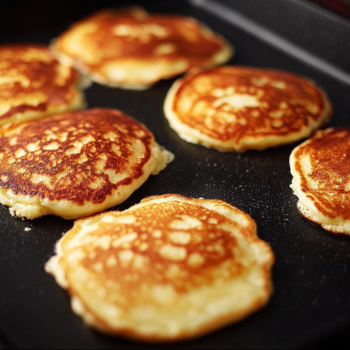 Small pancakes cooking on a black griddle, evenly browned with golden surfaces and soft centers.