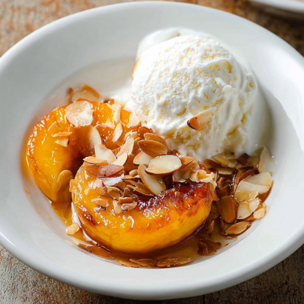 A bowl of cinnamon-baked peaches served with a scoop of vanilla ice cream, topped with sliced almonds and a drizzle of syrup.