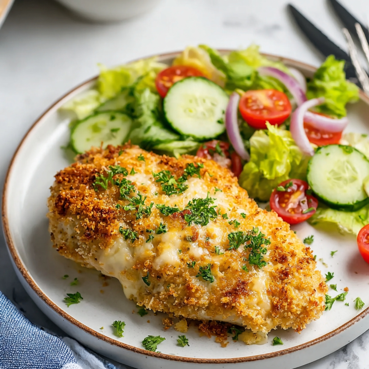 Baked Caesar Chicken Golden baked Caesar chicken breast topped with melted parmesan and crispy breadcrumbs, served with a fresh salad of romaine, cherry tomatoes, cucumber, and red onion on a ceramic plate.