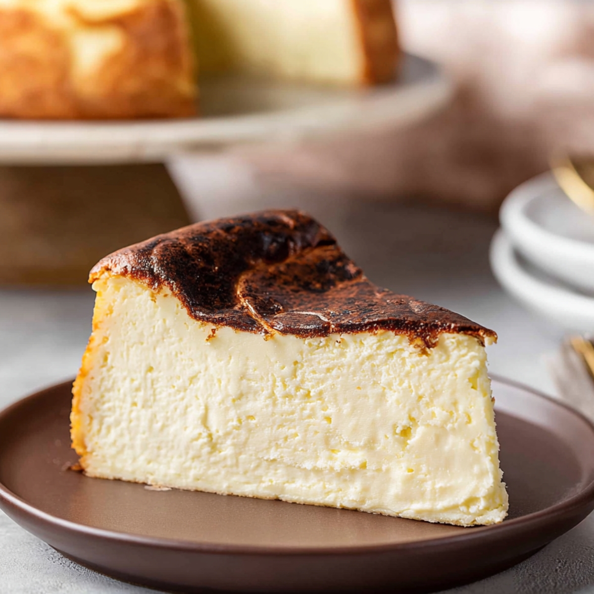 Basque Burnt Cheesecake A thick slice of Basque burnt cheesecake on a brown plate, showing its creamy pale interior and dark caramelized top, with a blurred whole cheesecake in the background.
