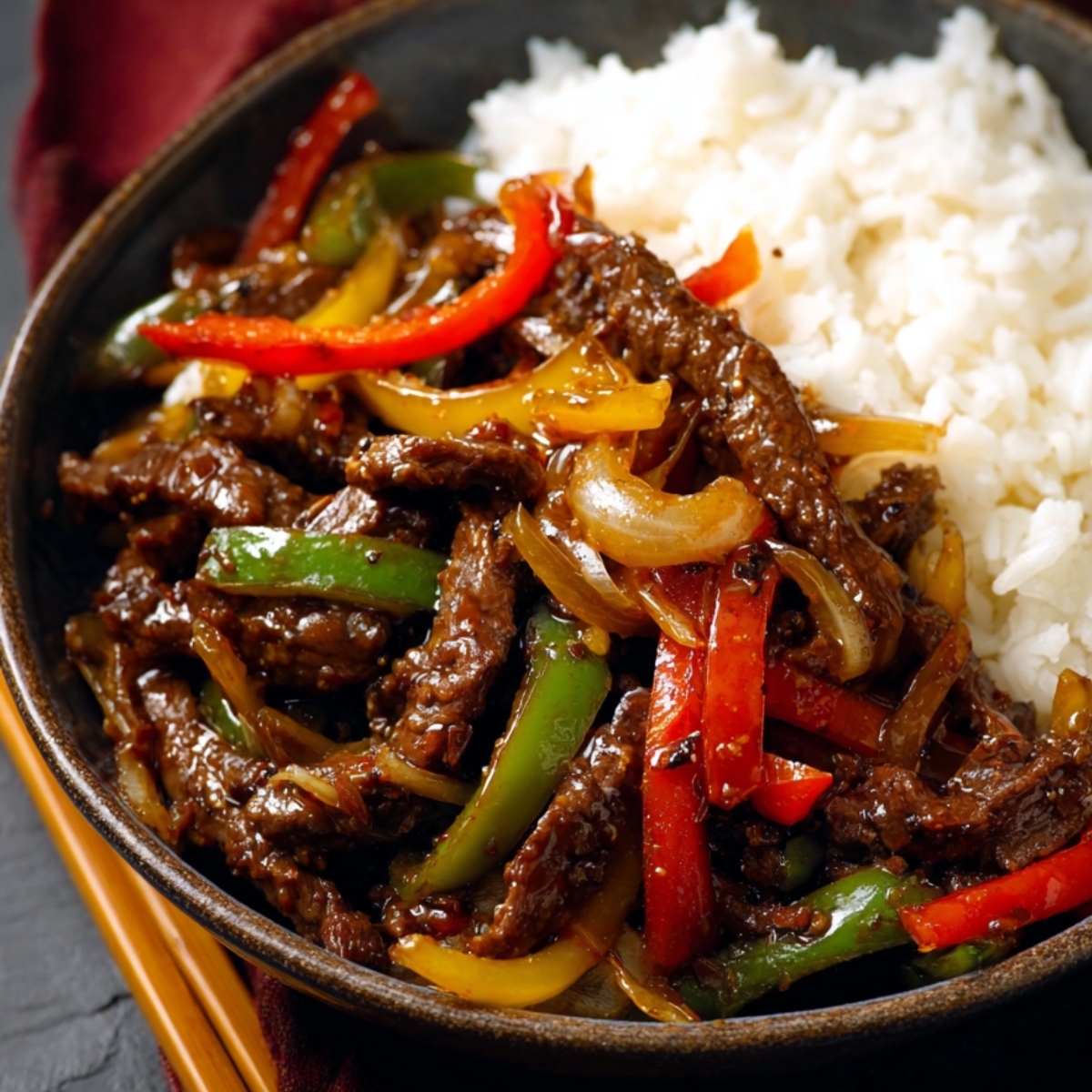  Black Pepper Beef Recipe
A plate of black pepper beef stir-fry served with a side of fluffy white rice. The beef is stir-fried with onions and colorful bell peppers in a flavorful black pepper sauce, making it a comforting and hearty meal.