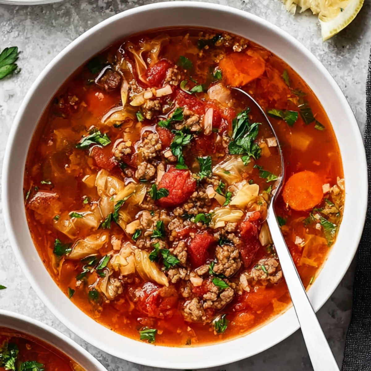 Cabbage Roll Soup Overhead view of a white bowl filled with cabbage roll soup in a rich red tomato broth, with ground beef, chopped cabbage, carrots, rice, and parsley garnish. A spoon rests inside the bowl, with fresh parsley and a lemon wedge on the side.