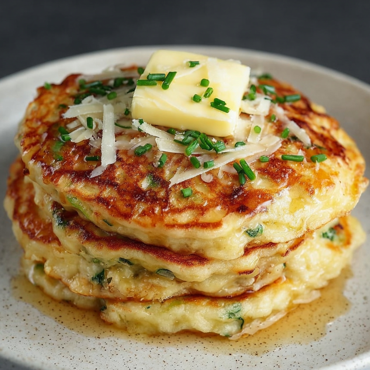Cheese and Chive Pancakes A stack of golden, crispy cheese and chive pancakes topped with a generous pat of butter and garnished with chopped chives and shredded cheese. The pancakes are soft inside with a savory flavor from the chives and cheese, perfect for a savory breakfast or brunch.