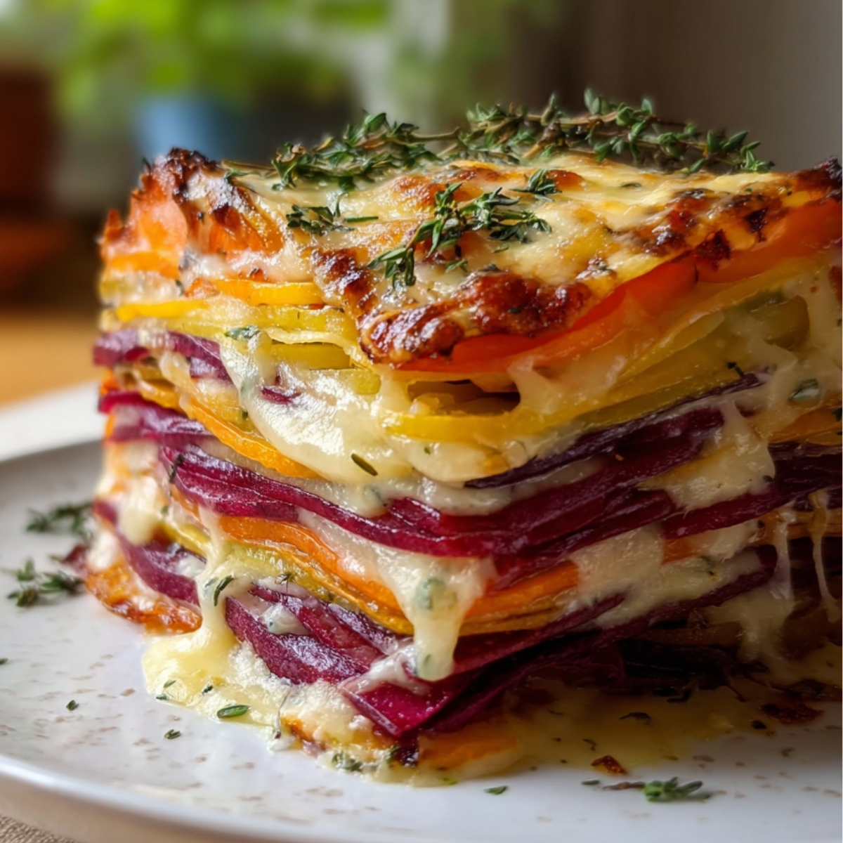 A delicious and colorful mix of root vegetables like carrots, sweet potatoes, and beets, all layered with gooey melted cheese and topped with fresh thyme. This cheesy root vegetable gratin is a comfort food classic, perfect for cozy dinners or holiday meals.