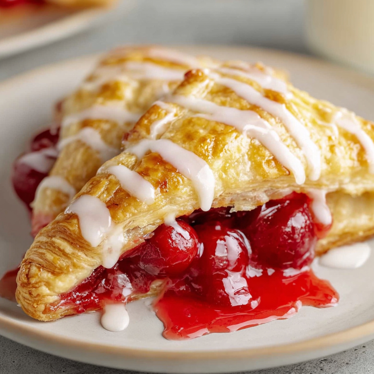 Cherry Turnovers recipe Close up of a freshly baked cherry turnover, drizzled with a sweet glaze and filled with warm, juicy cherries, ready to be devoured.