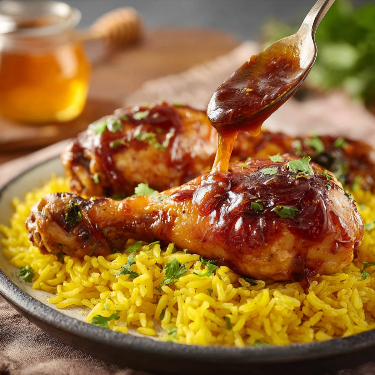 Chicken Adobo Recipe Glazed chicken adobo drumsticks served over yellow rice with sauce being drizzled on top, styled on a rustic wooden table.