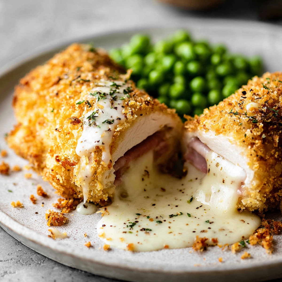 Chicken Cordon Bleu A sliced chicken cordon bleu on a light ceramic plate with melted cheese flowing out from the center, topped with creamy sauce and herbs, served with green peas on the side.