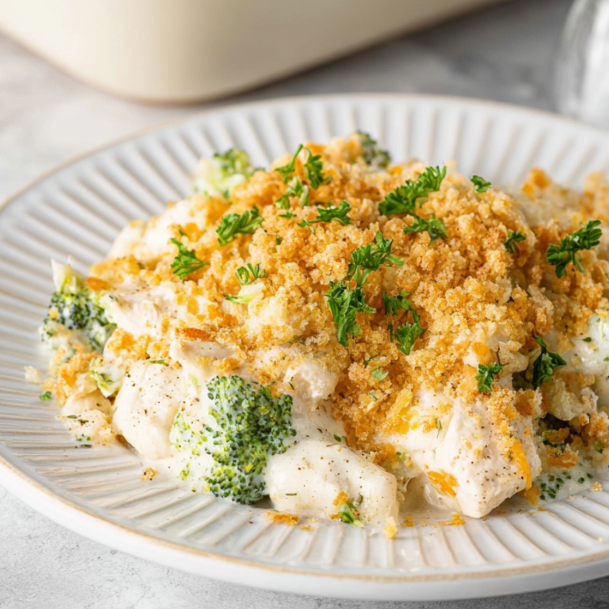 Chicken Divan Casserole A serving of Chicken Divan Casserole plated and garnished with fresh parsley. The casserole features a creamy layer with broccoli and a crispy breadcrumb topping.