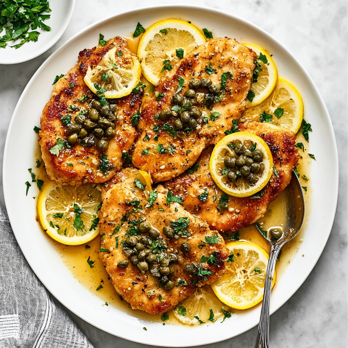 Chicken Piccata Recipe Crispy pan-seared chicken piccata served on a white plate with lemon rounds, capers, parsley, and glossy lemon garlic sauce.