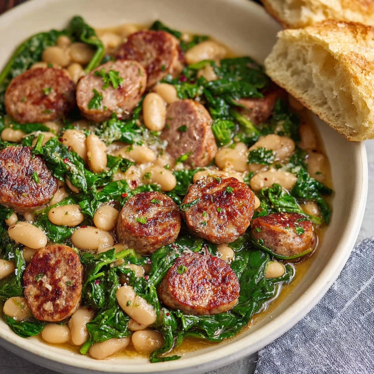 Chicken Sausage White Bean Skillet Comforting Chicken Sausage Skillet: Close up of a delicious chicken sausage and white bean skillet, filled with tender spinach, savory sausage slices, and accompanied by crusty bread.