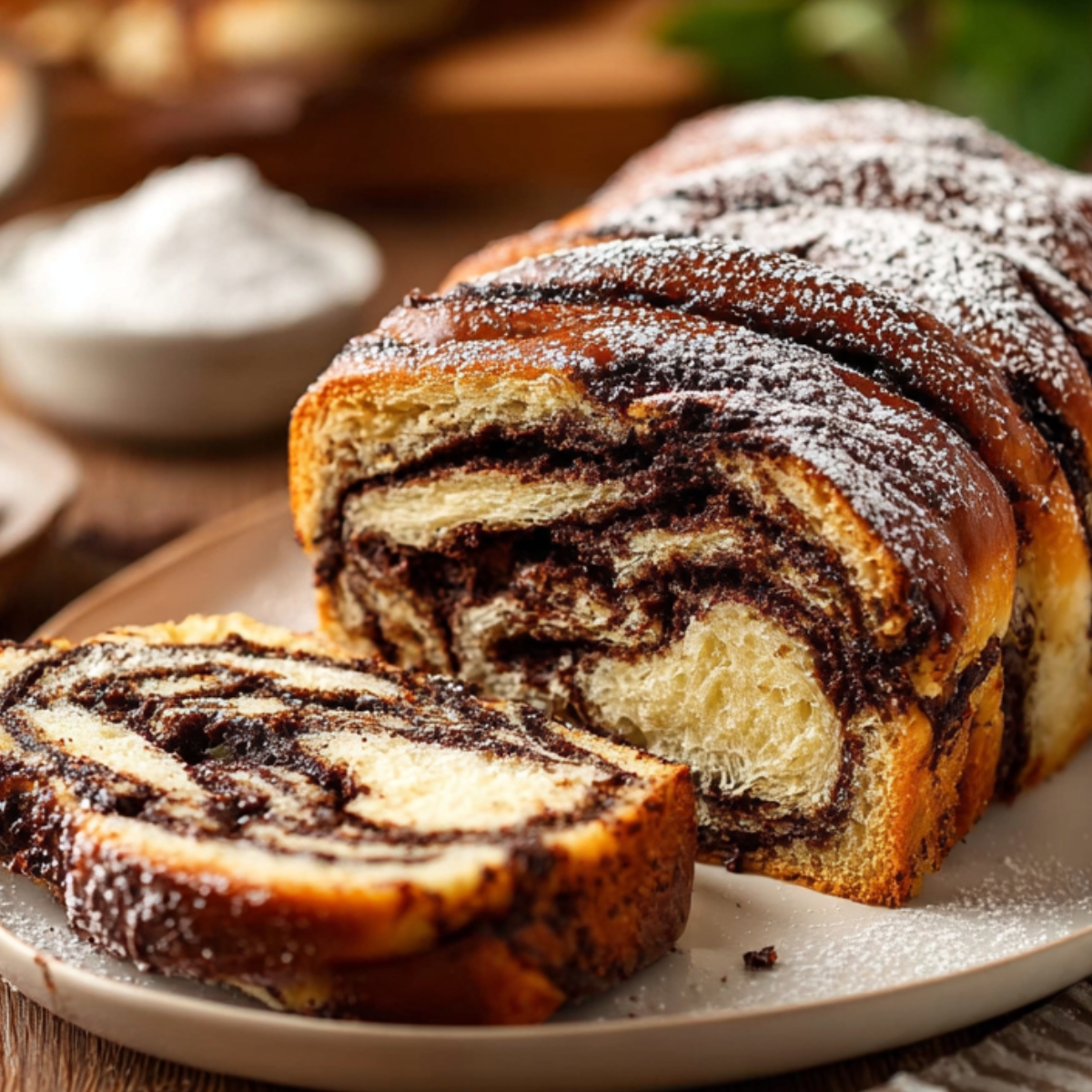Chocolate Babka recipe Sliced chocolate babka loaf dusted with powdered sugar on a plate, showing rich chocolate swirls inside soft golden brioche.